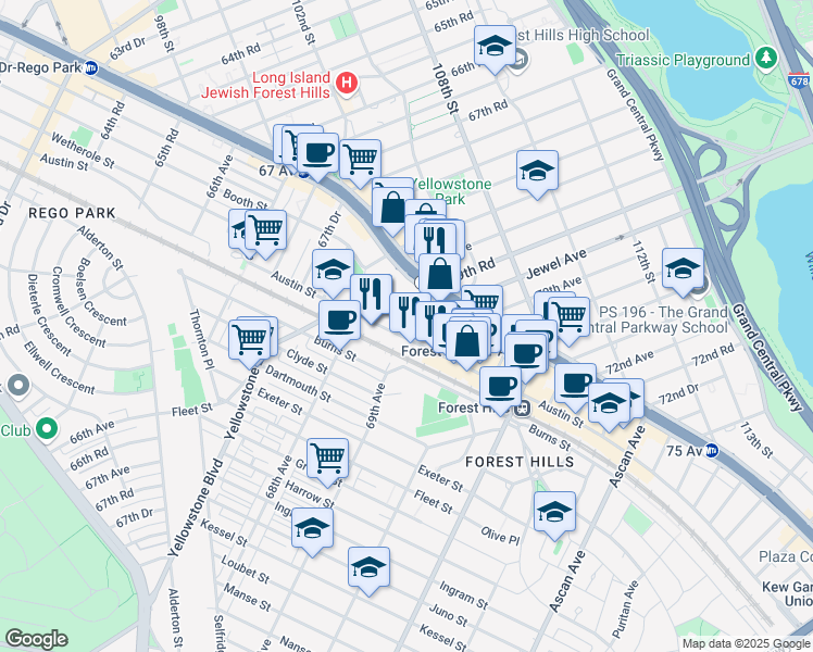 map of restaurants, bars, coffee shops, grocery stores, and more near in Queens