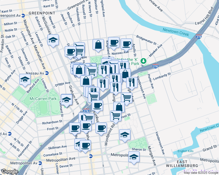 map of restaurants, bars, coffee shops, grocery stores, and more near 150 Kingsland Avenue in Brooklyn