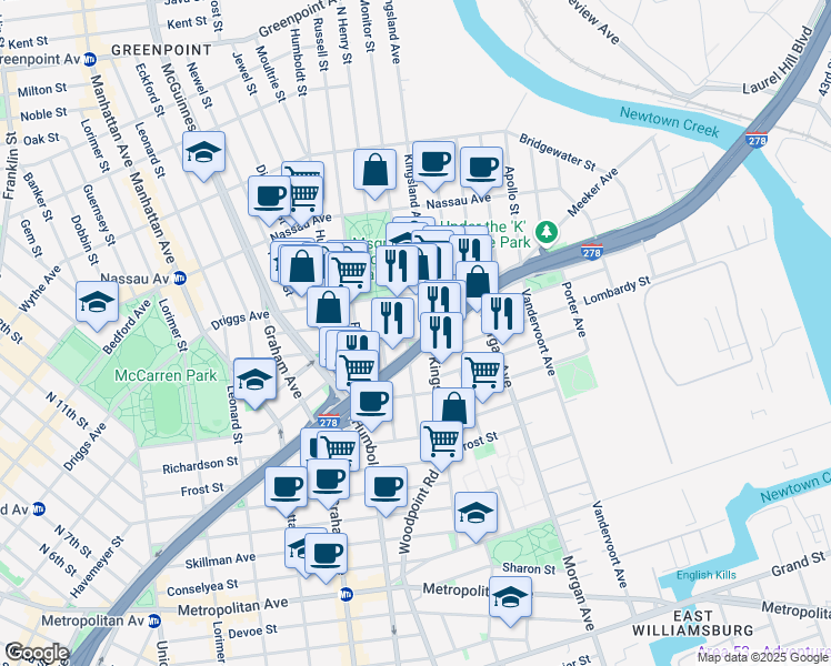 map of restaurants, bars, coffee shops, grocery stores, and more near 150 Kingsland Avenue in Brooklyn