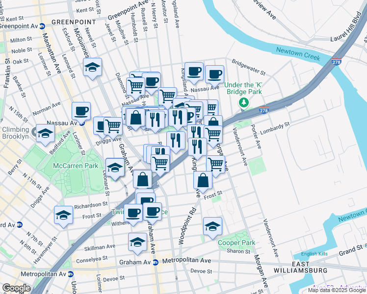 map of restaurants, bars, coffee shops, grocery stores, and more near 187 Engert Avenue in Brooklyn