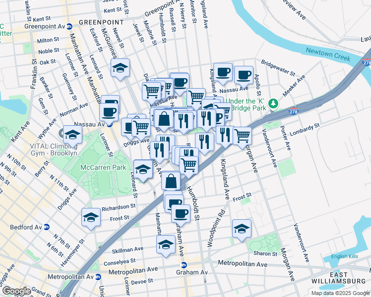 map of restaurants, bars, coffee shops, grocery stores, and more near 161 Engert Avenue in Brooklyn