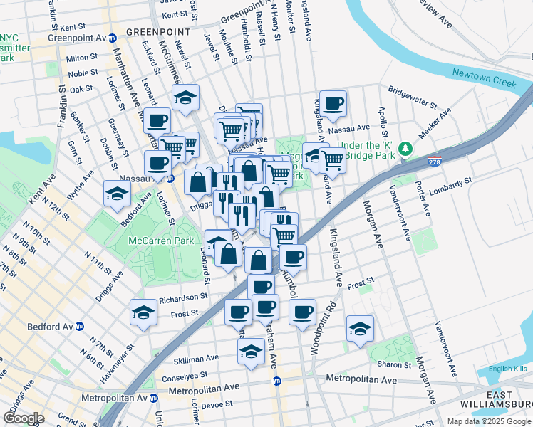 map of restaurants, bars, coffee shops, grocery stores, and more near 38 Broome Street in Brooklyn