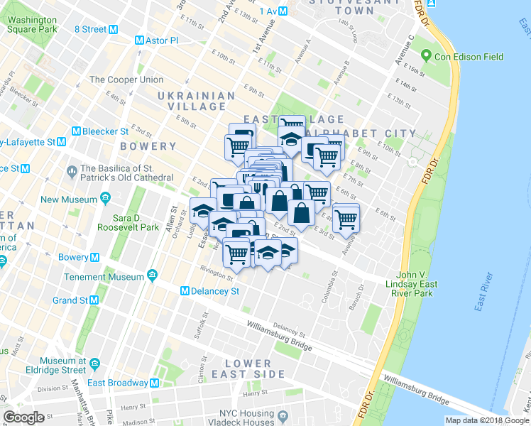 map of restaurants, bars, coffee shops, grocery stores, and more near 210 East 2nd Street in New York