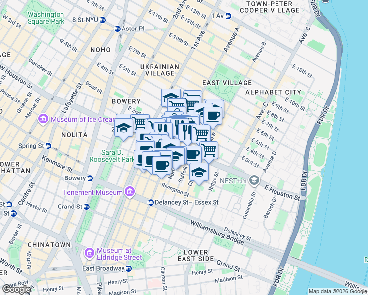 map of restaurants, bars, coffee shops, grocery stores, and more near 231 East Houston Street in New York