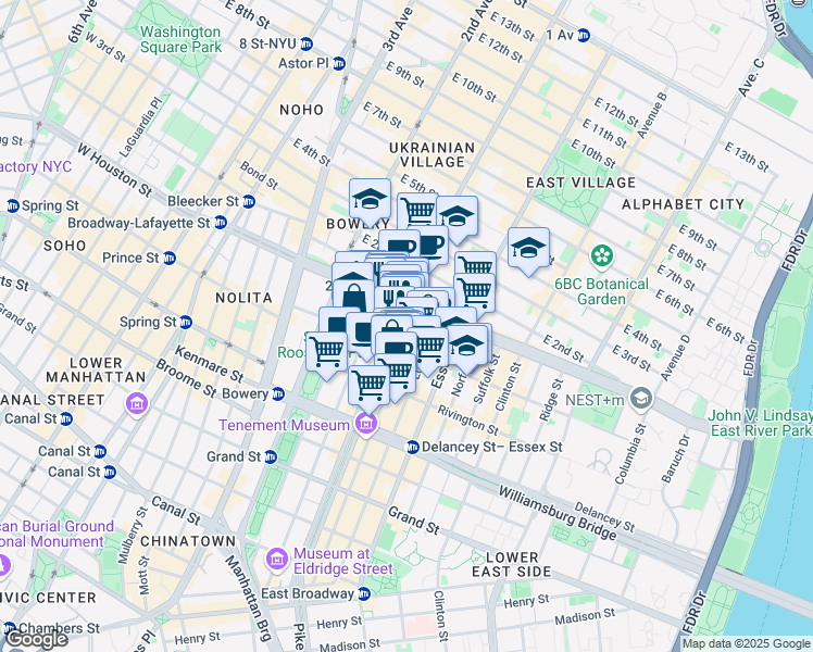 map of restaurants, bars, coffee shops, grocery stores, and more near 177 East Houston Street in New York