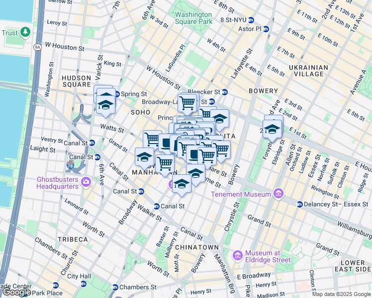 map of restaurants, bars, coffee shops, grocery stores, and more near 226 Lafayette Street in New York