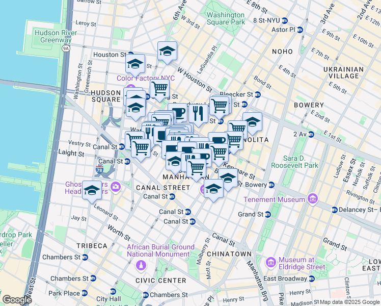 map of restaurants, bars, coffee shops, grocery stores, and more near in New York