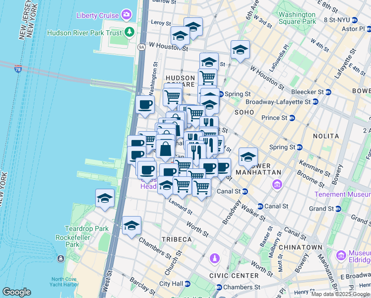 map of restaurants, bars, coffee shops, grocery stores, and more near in New York