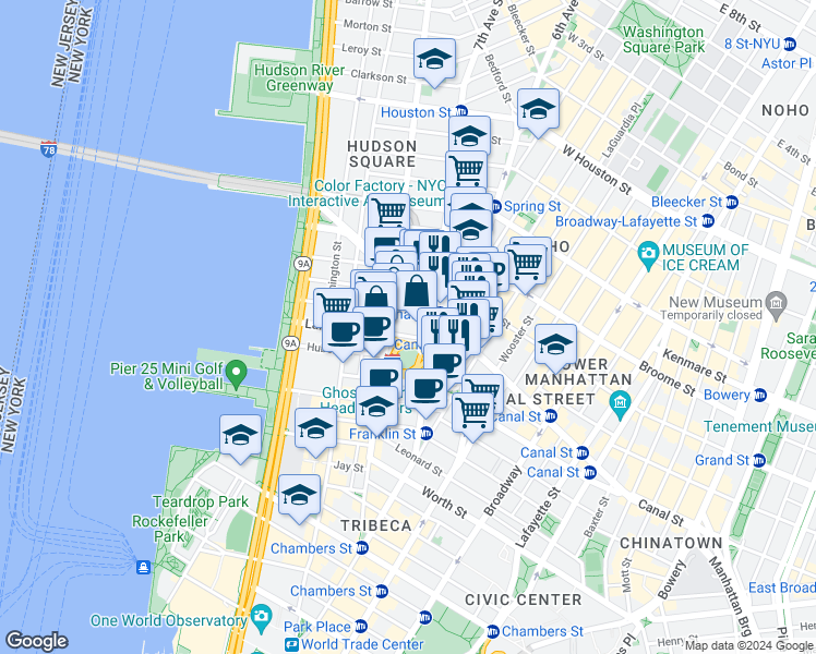 map of restaurants, bars, coffee shops, grocery stores, and more near in New York
