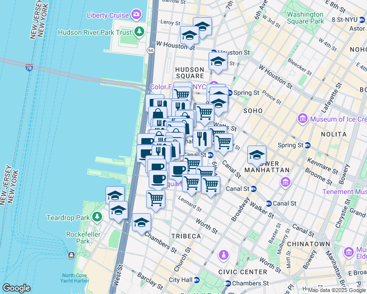 map of restaurants, bars, coffee shops, grocery stores, and more near in New York