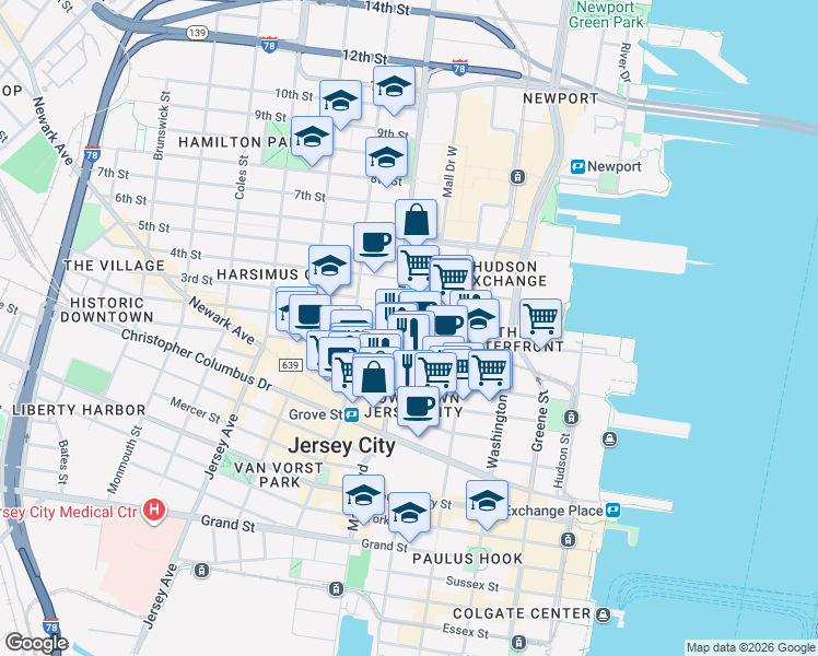 map of restaurants, bars, coffee shops, grocery stores, and more near 159 2nd Street in Jersey City
