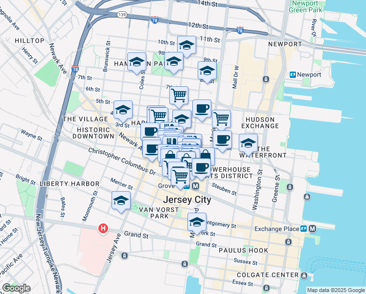 map of restaurants, bars, coffee shops, grocery stores, and more near 373 Manila Avenue in Jersey City