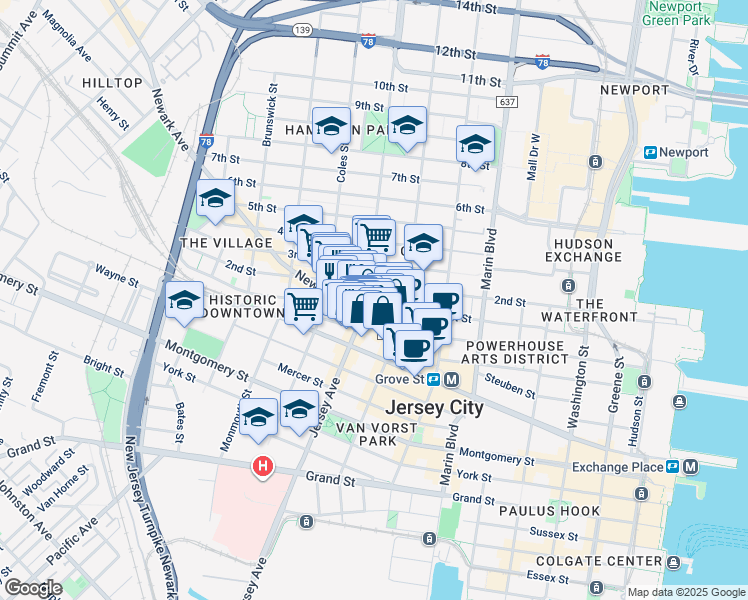 map of restaurants, bars, coffee shops, grocery stores, and more near 547 Jersey Avenue in Jersey City