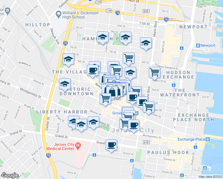 map of restaurants, bars, coffee shops, grocery stores, and more near 547 Jersey Avenue in Jersey City