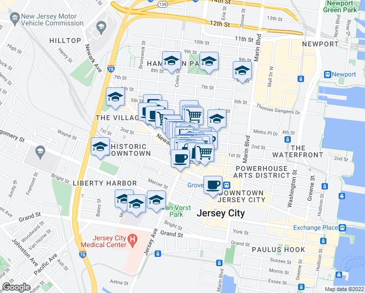 map of restaurants, bars, coffee shops, grocery stores, and more near 547 Jersey Avenue in Jersey City