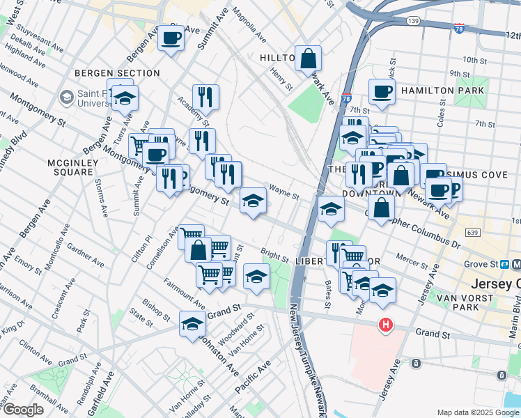 map of restaurants, bars, coffee shops, grocery stores, and more near 335 Mercer Loop in Jersey City