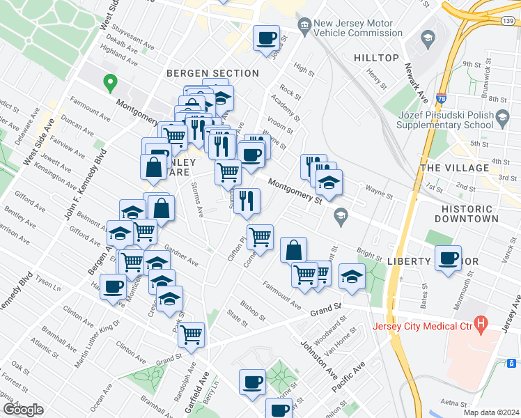 map of restaurants, bars, coffee shops, grocery stores, and more near 126 Beacon Way in Jersey City