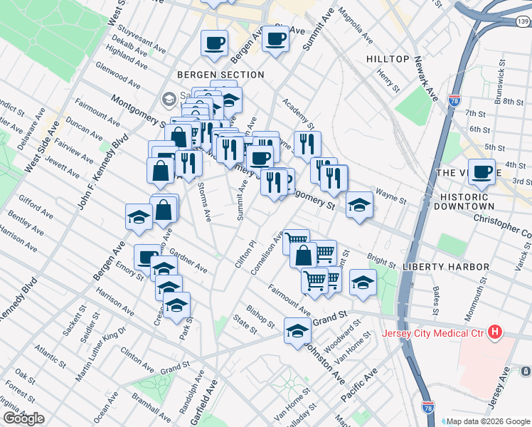 map of restaurants, bars, coffee shops, grocery stores, and more near 126 Beacon Way in Jersey City
