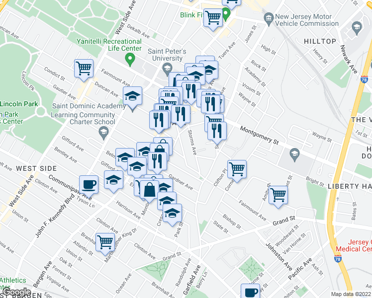 map of restaurants, bars, coffee shops, grocery stores, and more near 212 Fairmount Avenue in Jersey City