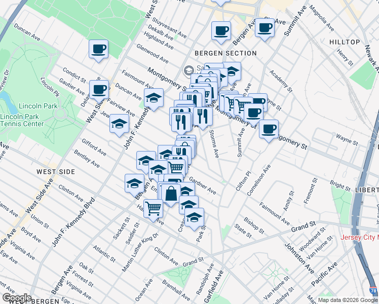 map of restaurants, bars, coffee shops, grocery stores, and more near in Jersey City