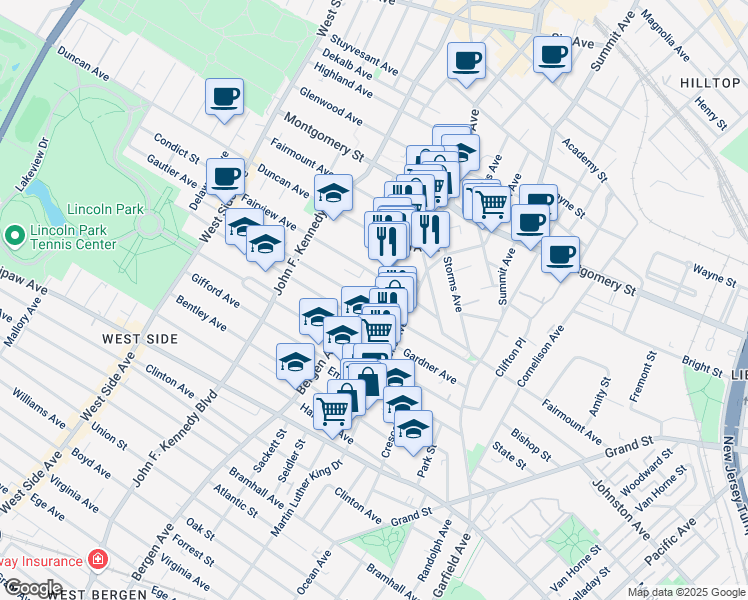 map of restaurants, bars, coffee shops, grocery stores, and more near in Jersey City