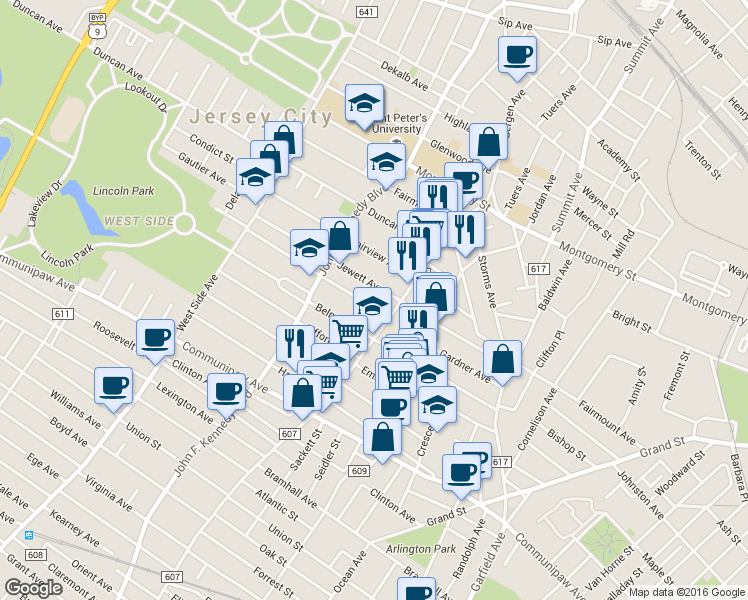 map of restaurants, bars, coffee shops, grocery stores, and more near 19 Kensington Avenue in Jersey City
