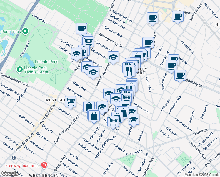 map of restaurants, bars, coffee shops, grocery stores, and more near 19 Kensington Avenue in Jersey City