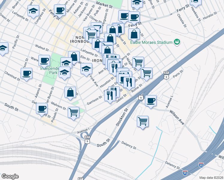 map of restaurants, bars, coffee shops, grocery stores, and more near 89 Garrison Street in Newark