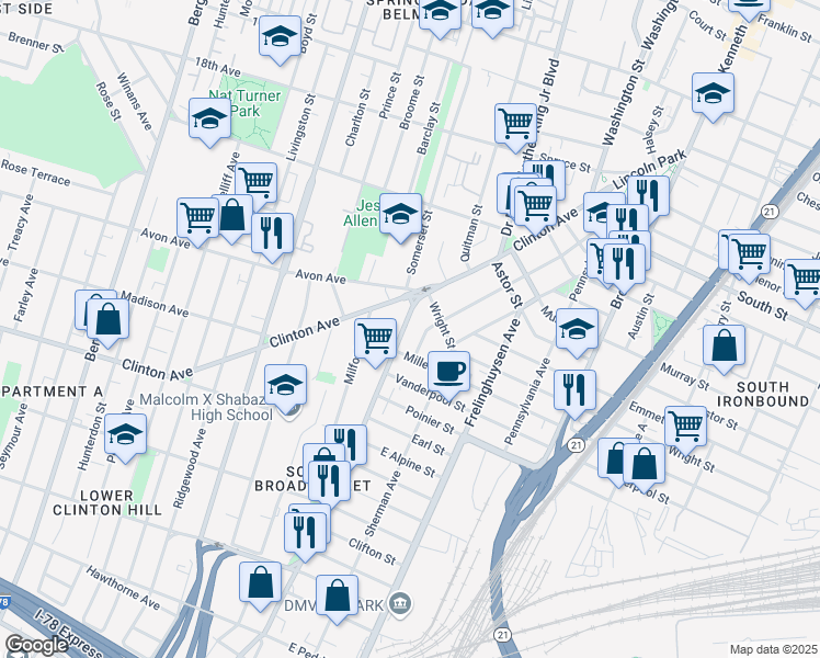 map of restaurants, bars, coffee shops, grocery stores, and more near 175 Brunswick Street in Newark