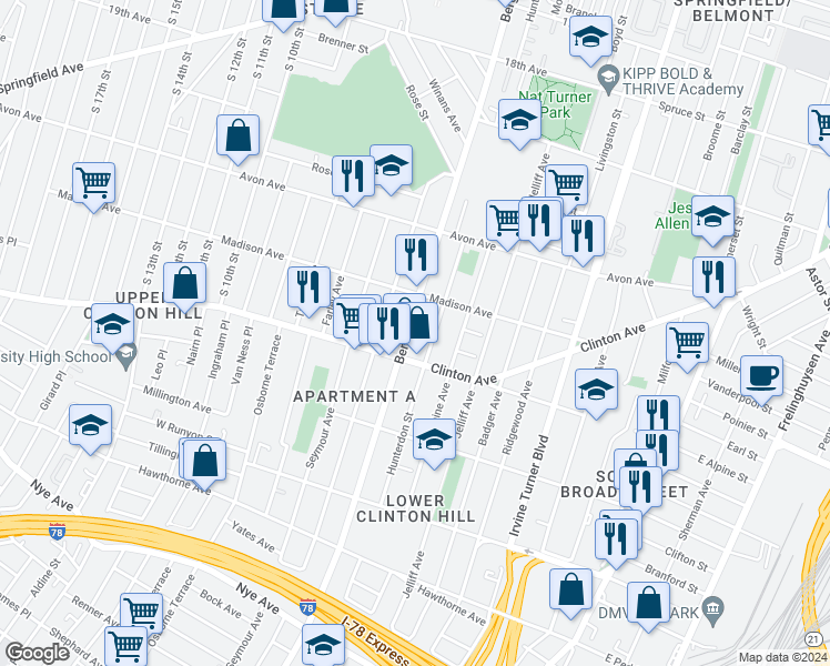 map of restaurants, bars, coffee shops, grocery stores, and more near 629 Hunterdon Street in Newark