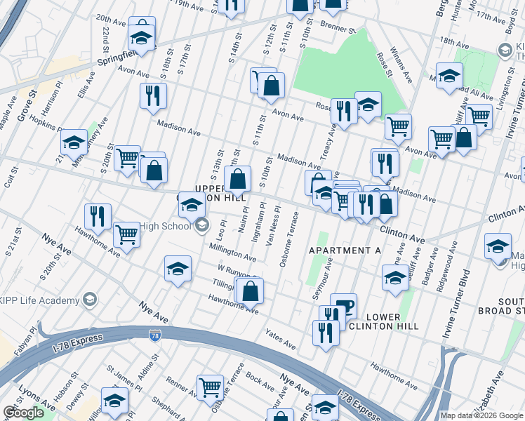 map of restaurants, bars, coffee shops, grocery stores, and more near 21 Van Ness Place in Newark