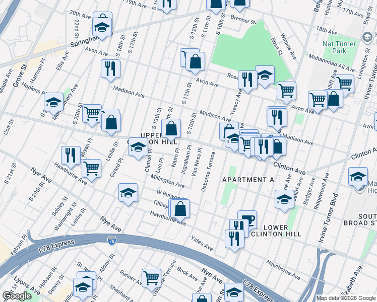 map of restaurants, bars, coffee shops, grocery stores, and more near 21 Van Ness Place in Newark