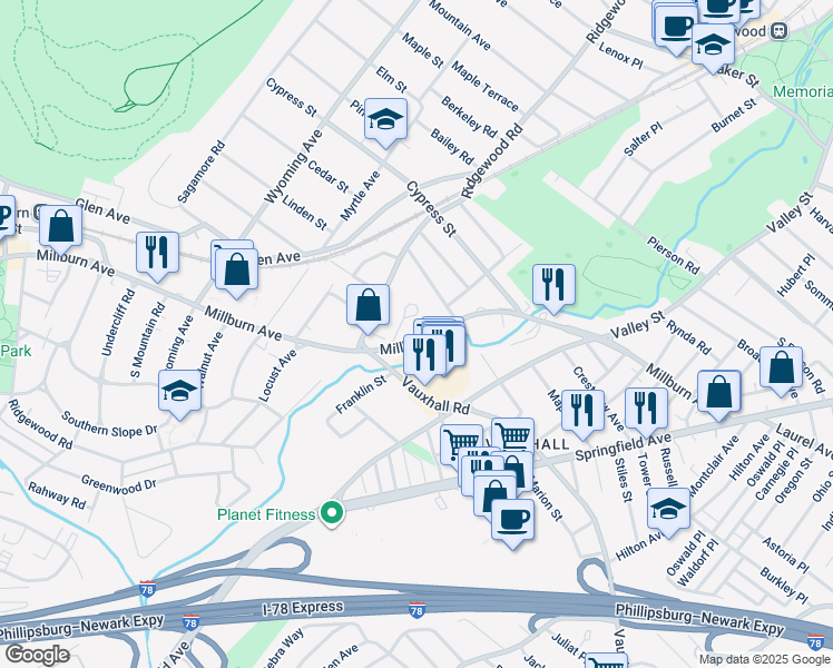 map of restaurants, bars, coffee shops, grocery stores, and more near 111 Millburn Avenue in Essex County