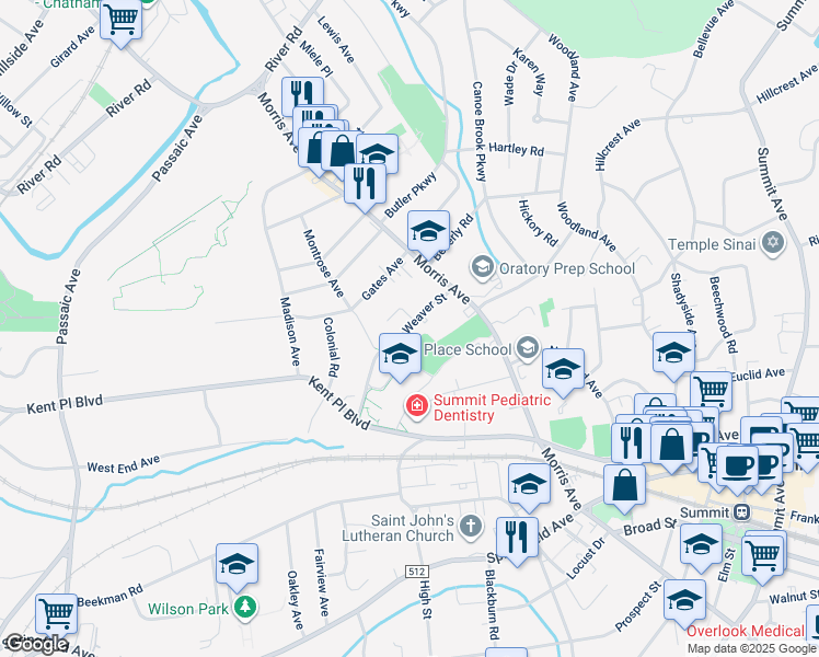 map of restaurants, bars, coffee shops, grocery stores, and more near 30 Weaver Street in Summit