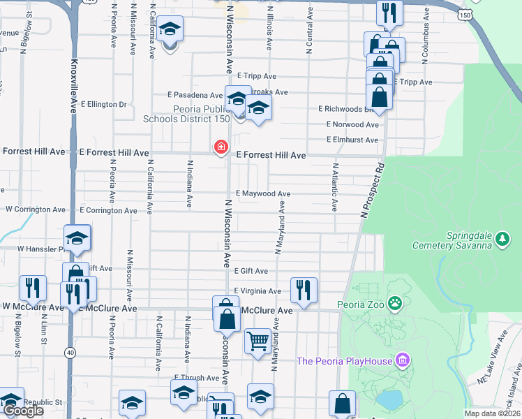 map of restaurants, bars, coffee shops, grocery stores, and more near 916 East Corrington Avenue in Peoria
