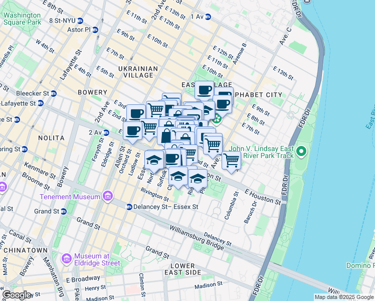 map of restaurants, bars, coffee shops, grocery stores, and more near 210 East 2nd Street in New York