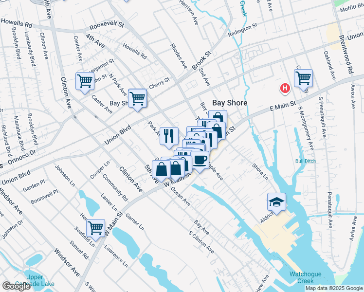 map of restaurants, bars, coffee shops, grocery stores, and more near 21 Mechanicville Road in Bay Shore
