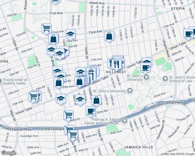 map of restaurants, bars, coffee shops, grocery stores, and more near 165-01 Union Turnpike in Queens