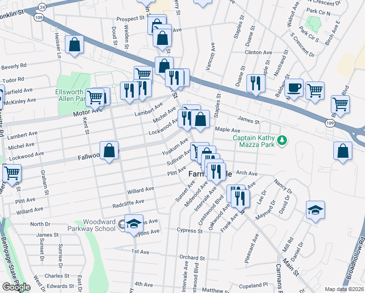 map of restaurants, bars, coffee shops, grocery stores, and more near 14 Yoakum Avenue in Farmingdale