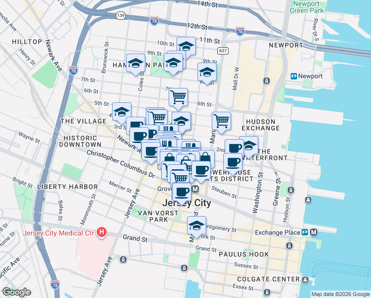 map of restaurants, bars, coffee shops, grocery stores, and more near 373 Manila Avenue in Jersey City