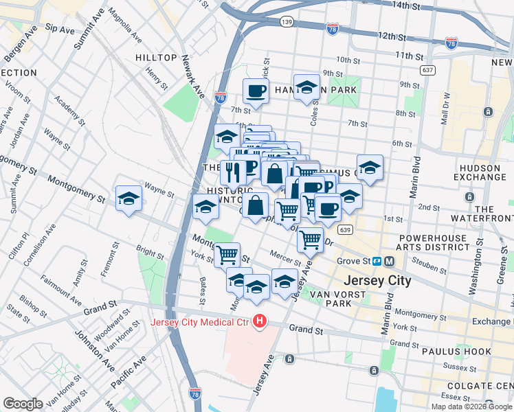 map of restaurants, bars, coffee shops, grocery stores, and more near 357 1st Street in Jersey City