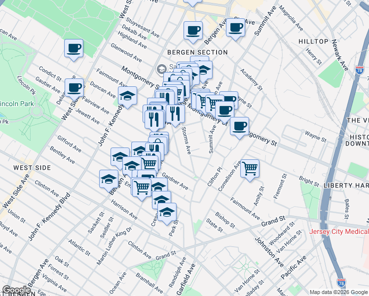 map of restaurants, bars, coffee shops, grocery stores, and more near 212 Fairmount Avenue in Jersey City