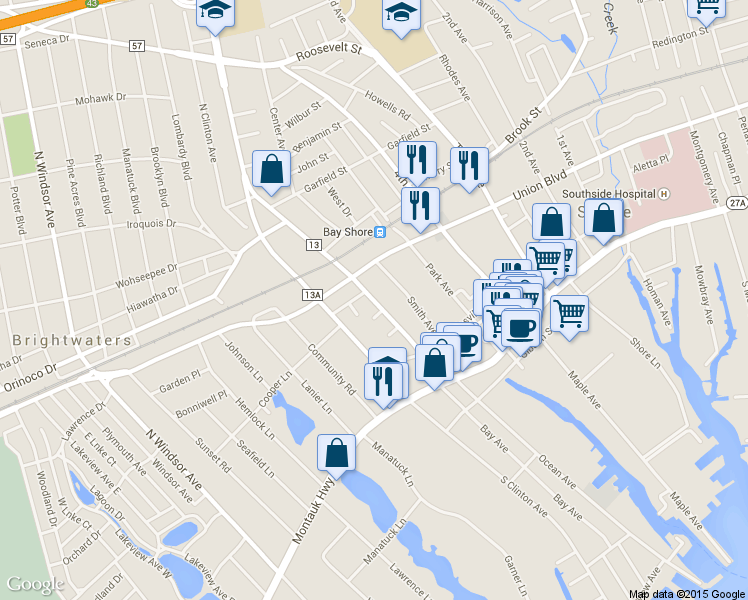 map of restaurants, bars, coffee shops, grocery stores, and more near 53 5th Avenue in Bay Shore
