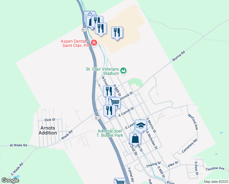 map of restaurants, bars, coffee shops, grocery stores, and more near 135 North 2nd Street in Saint Clair