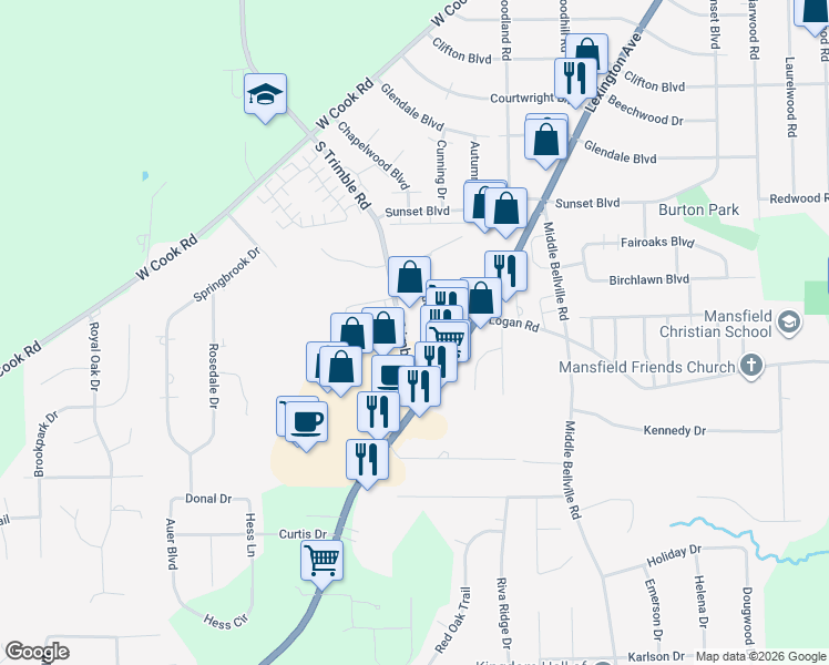 map of restaurants, bars, coffee shops, grocery stores, and more near 1311-1335 South Trimble Road in Mansfield