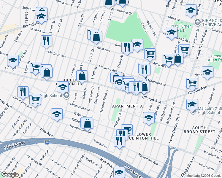 map of restaurants, bars, coffee shops, grocery stores, and more near 570 Clinton Avenue in Newark