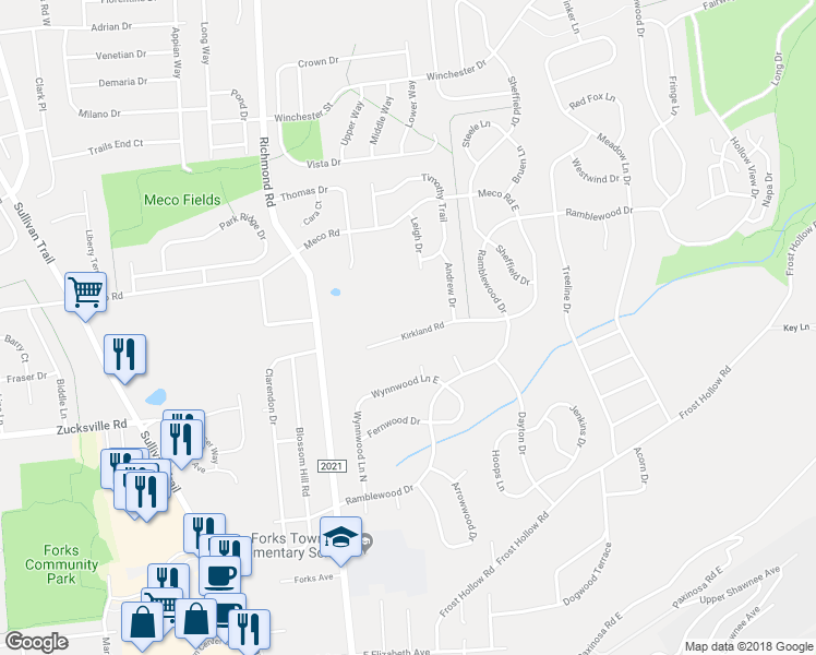 map of restaurants, bars, coffee shops, grocery stores, and more near 200 Kirkland Road in Easton