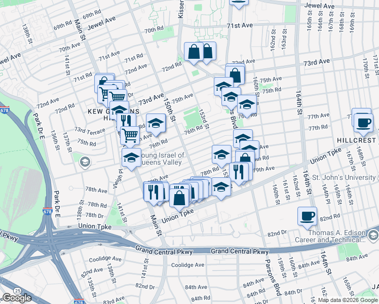 map of restaurants, bars, coffee shops, grocery stores, and more near 147-49 77th Road in Queens