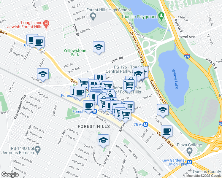 map of restaurants, bars, coffee shops, grocery stores, and more near in Queens