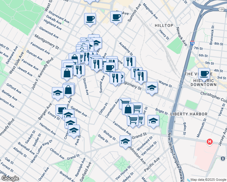 map of restaurants, bars, coffee shops, grocery stores, and more near 126 Beacon Way in Jersey City